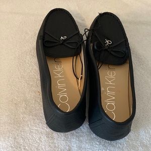 NEW Calvin Klein Black Flats Women Lace Silver logo